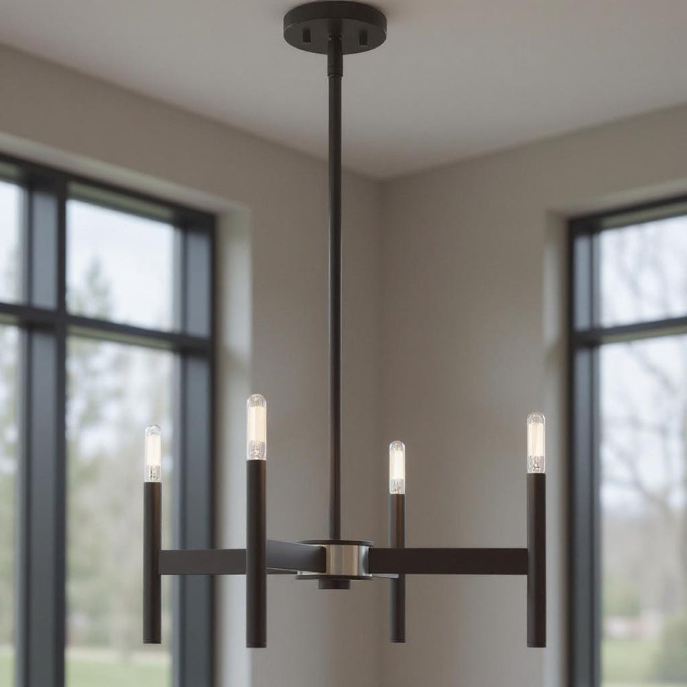 HomeRoots Bronze Four-Light Dimmable Chandelier with Soft Fabric Shades for Elegant Home Illumination Design 687689