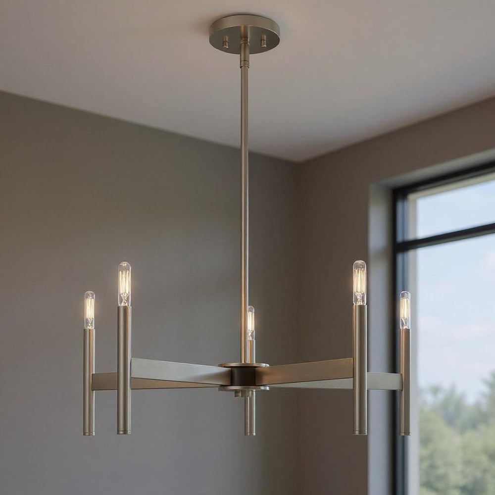 HomeRoots Five Light Dimmable Chandelier with Sleek Cylindrical Shades - Modern Steel Lighting for Any Room 687692