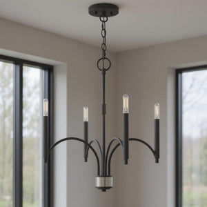 HomeRoots Four Light Dimmable Chandelier with Cylinder Shades - Modern Steel Design for Any Room Ambiance 687698