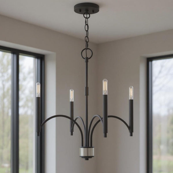 HomeRoots Four Light Dimmable Chandelier with Cylinder Shades - Modern Steel Design for Any Room Ambiance 687698
