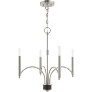 HomeRoots Nickel Modern Four-Light Dimmable Chandelier with Elegant Shades for Stylish Home Lighting Solutions 687699