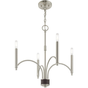 HomeRoots Nickel Modern Four-Light Dimmable Chandelier with Elegant Shades for Stylish Home Lighting Solutions 687699