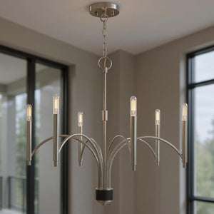 HomeRoots Six Light Dimmable Chandelier with Cylindrical Shades – Modern Elegance for Any Space, Adjustable Ambiance 687702