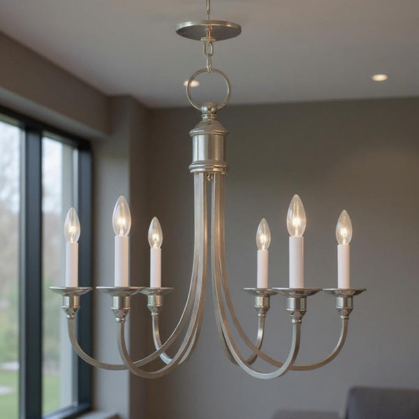 HomeRoots Nickel Six-Light Dimmable Chandelier with Stylish Cylinder Shades for Modern Home Elegance 687712