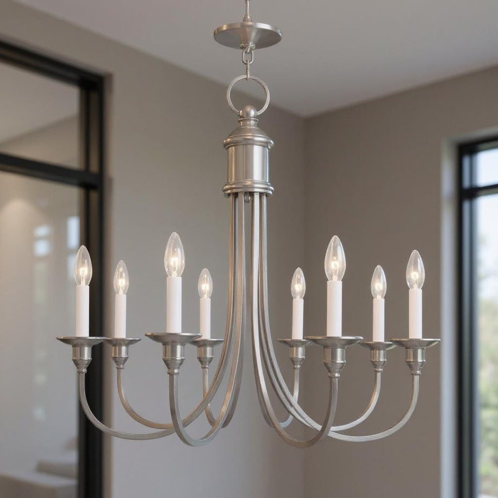 HomeRoots Eight Light Dimmable Chandelier - Modern Steel Shades for Stylish, Customizable Illumination in Any Room 687714