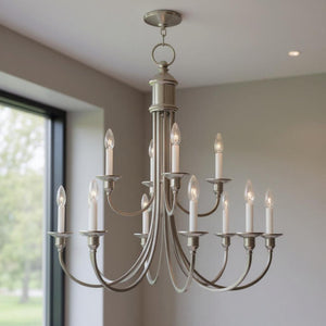 HomeRoots Twelve Light Dimmable Chandelier with Cylindrical Shades - Modern Elegance for Any Room Decor 687715