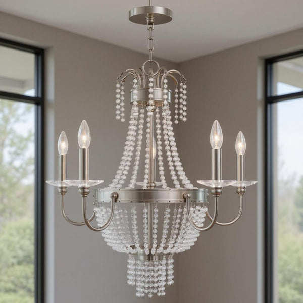 HomeRoots Five Light Dimmable Chandelier – Modern Cylinder Shades for Dining Rooms, Foyers, and Bedrooms 687731
