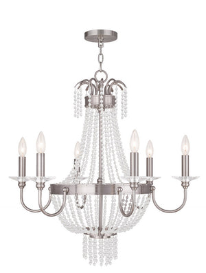 HomeRoots Nickel Six-Light Metal Chandelier with Clear Cylinder Shades – Modern Dimmable Elegance for Any Room 687733