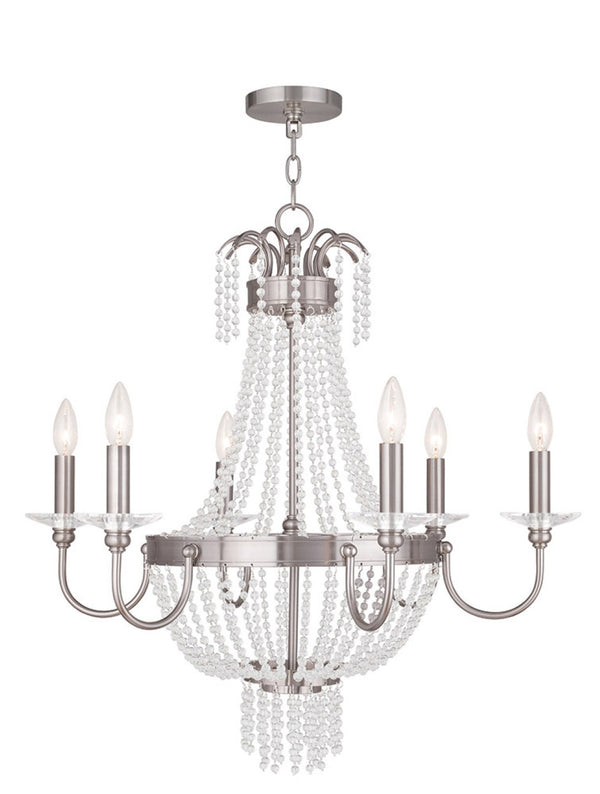 HomeRoots Nickel Six-Light Metal Chandelier with Clear Cylinder Shades – Modern Dimmable Elegance for Any Room 687733