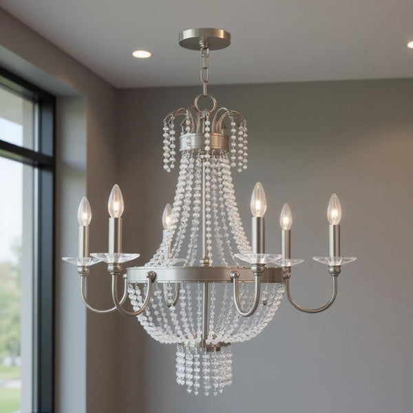HomeRoots Nickel Six-Light Metal Chandelier with Clear Cylinder Shades – Modern Dimmable Elegance for Any Room 687733