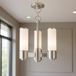 HomeRoots Nickel Three-Light Dimmable Chandelier with Opal Shades - Modern Elegance for Any Space 687748