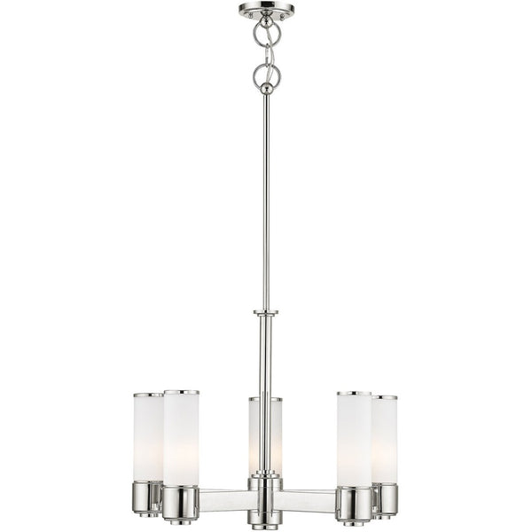 HomeRoots Five Light Dimmable Chandelier - Modern Cylindrical Design with Steel Shades for Versatile Lighting 687749