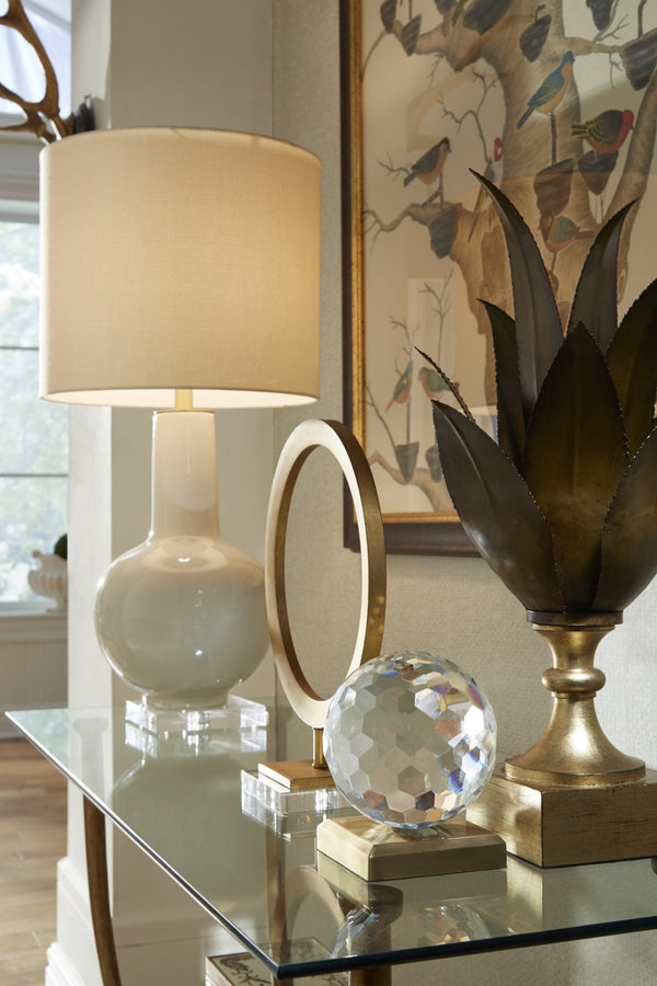 Chelsea House Astor Cream Glazed Ceramic Vase Lamp With Linen Shade, Acrylic Base & Brass Finial — 32"H, Elegant Decor 68775