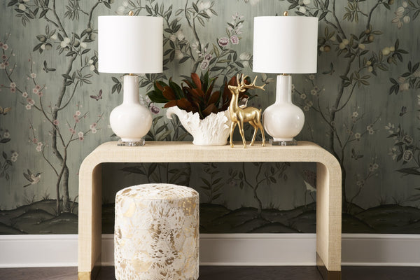 Chelsea House Astor Cream Glazed Ceramic Vase Lamp With Linen Shade, Acrylic Base & Brass Finial — 32"H, Elegant Decor 68775