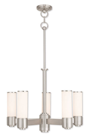 HomeRoots Five Light Dimmable Chandelier - Modern Cylinder Shades, Adjustable Ambiance for Any Room Decor 687750