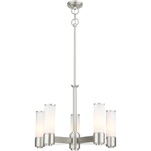 HomeRoots Five Light Dimmable Chandelier - Modern Cylinder Shades, Adjustable Ambiance for Any Room Decor 687750