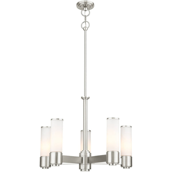 HomeRoots Five Light Dimmable Chandelier - Modern Cylinder Shades, Adjustable Ambiance for Any Room Decor 687750