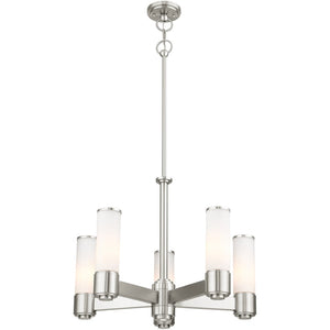 HomeRoots Five Light Dimmable Chandelier - Modern Cylinder Shades, Adjustable Ambiance for Any Room Decor 687750