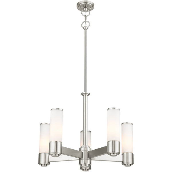HomeRoots Five Light Dimmable Chandelier - Modern Cylinder Shades, Adjustable Ambiance for Any Room Decor 687750