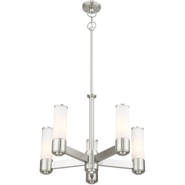HomeRoots Five Light Dimmable Chandelier - Modern Cylinder Shades, Adjustable Ambiance for Any Room Decor 687750