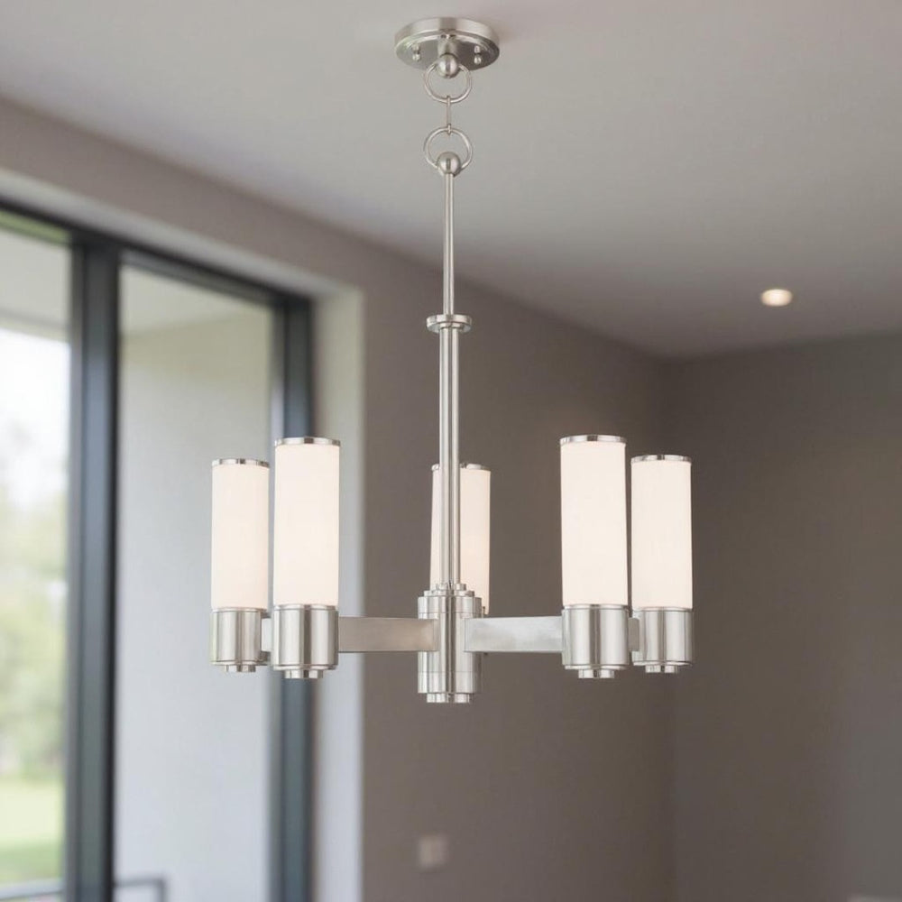 HomeRoots Five Light Dimmable Chandelier - Modern Cylinder Shades, Adjustable Ambiance for Any Room Decor 687750