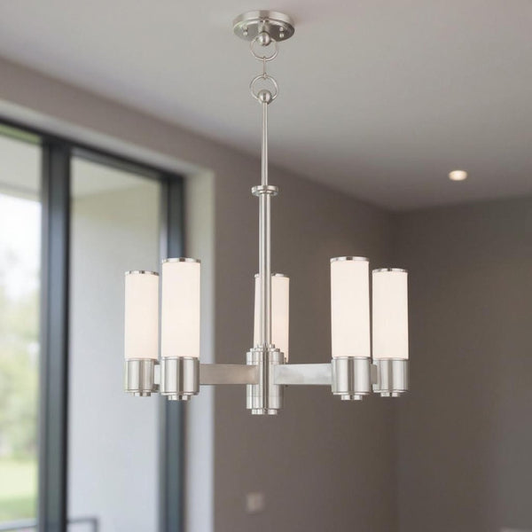 HomeRoots Five Light Dimmable Chandelier - Modern Cylinder Shades, Adjustable Ambiance for Any Room Decor 687750
