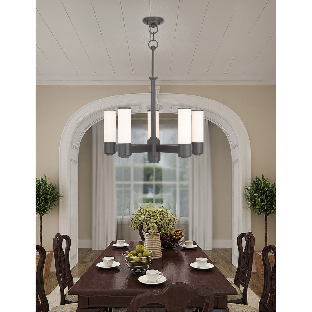 HomeRoots Five Light Dimmable Chandelier - Modern Cylindrical Steel Shades for Stylish Ambiance & Versatility 687751