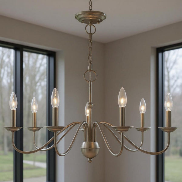 HomeRoots Seven Light Dimmable Chandelier: Modern Steel Shades for Stylish Ambiance in Any Space 687769