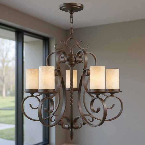 HomeRoots Five Light Dimmable Chandelier - Modern Steel Shades for Stylish, Versatile Ambient Illumination 687776
