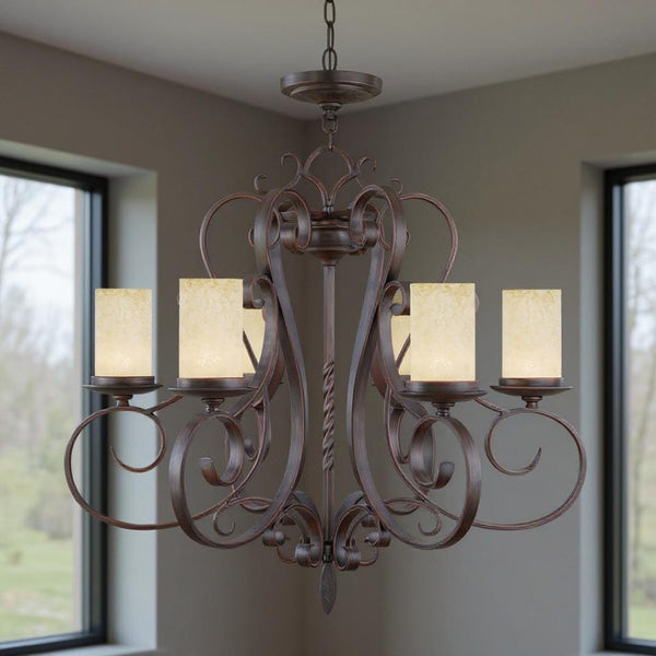 HomeRoots Bronze Six-Light Dimmable Chandelier with Cream Shades – Elegant Metal Design for Any Space 687777