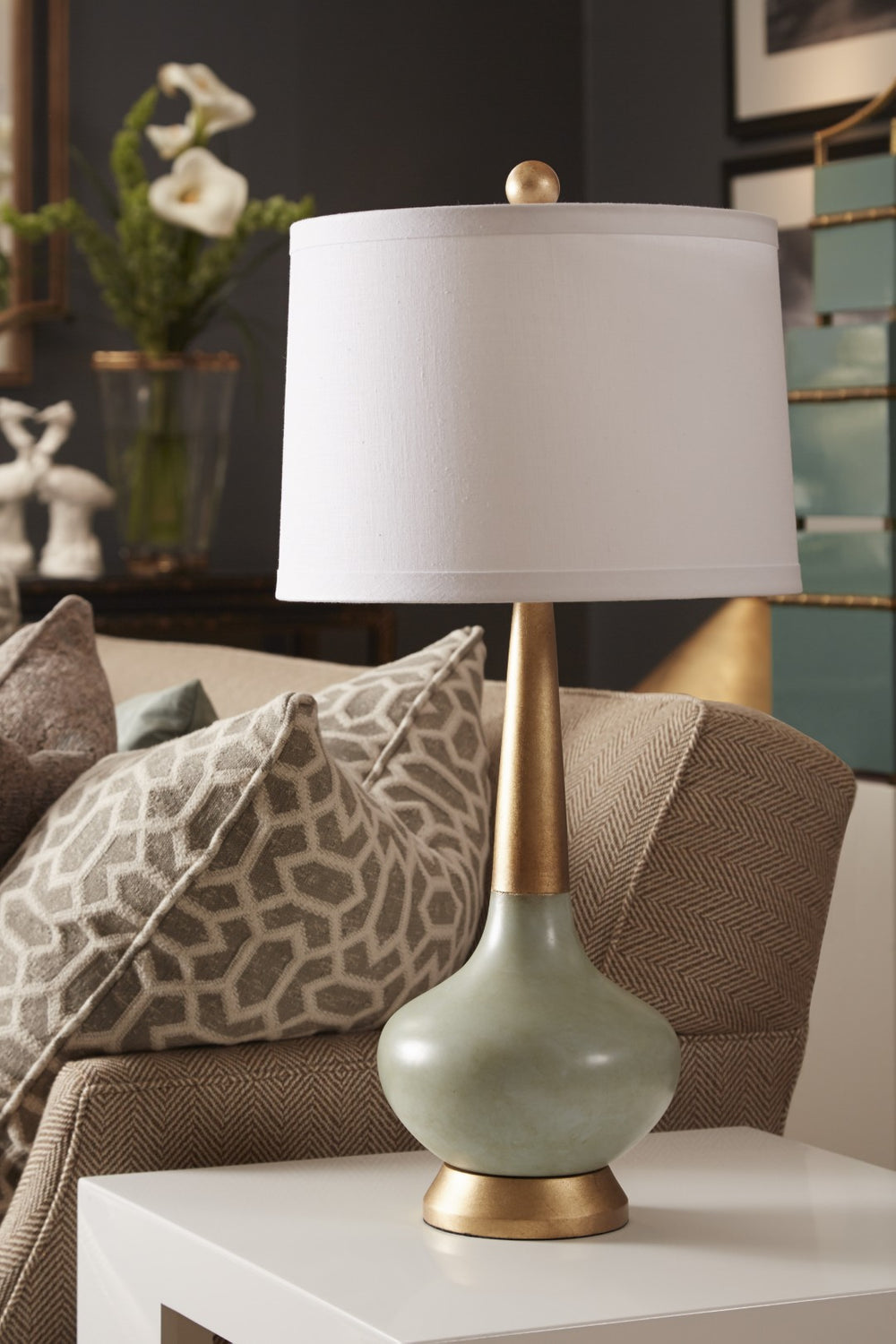 Chelsea House Eden Celadon Glazed Porcelain Table Lamp With Antique Brass Neck And Off-White Linen Shade — Mcm Accent Light 68778