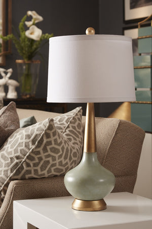 Chelsea House Eden Celadon Glazed Porcelain Table Lamp With Antique Brass Neck And Off-White Linen Shade — Mcm Accent Light 68778