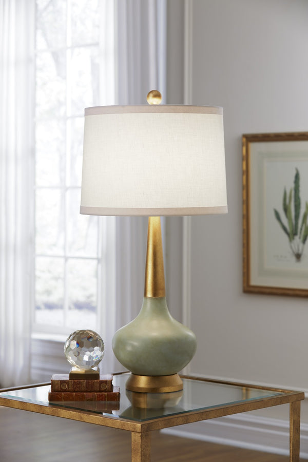 Chelsea House Eden Celadon Glazed Porcelain Table Lamp With Antique Brass Neck And Off-White Linen Shade — Mcm Accent Light 68778