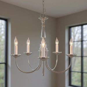 HomeRoots Nickel Five-Light Dimmable Chandelier with Elegant Fabric Shades for Warm, Ambient Illumination 687782