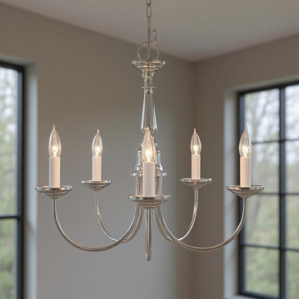 HomeRoots Nickel Five-Light Dimmable Chandelier with Elegant Fabric Shades for Warm, Ambient Illumination 687782