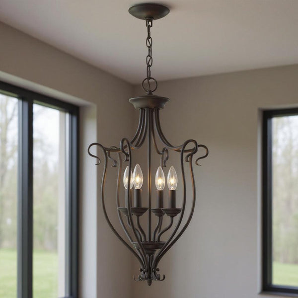 HomeRoots Bronze Four-Light Dimmable Chandelier - Modern Steel Design with Timeless Charm for Any Space 687790