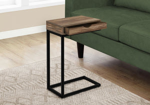 English Elm Accent C-Shaped End Table with Slide-Under Base, Reclaimed Brown Laminate Top & Drawer Storage, Black Metal Frame for Sofa Side Convenience and Modern Living Room Use B2710P219357