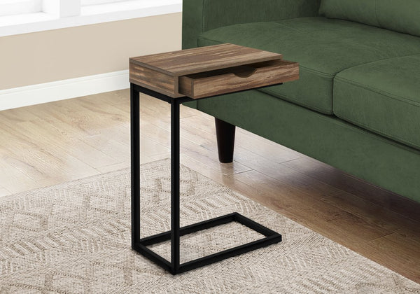 English Elm Accent C-Shaped End Table with Slide-Under Base, Reclaimed Brown Laminate Top & Drawer Storage, Black Metal Frame for Sofa Side Convenience and Modern Living Room Use B2710P219357