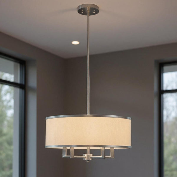 HomeRoots Four Light Dimmable Chandelier - Modern Cylinder Shades for Entryway, Dining Room & Bedroom Decor 687797