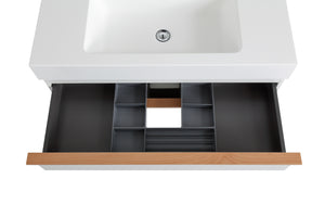 English Elm VELA 36 Inch Wall Mounted Bathroom Vanity with Integrated Acrylic Sink, Dual Wood Handles, Soft-Close Drawers, Matte Finish White W3235P327598