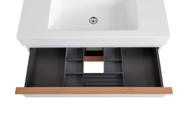 English Elm VELA 36 Inch Wall Mounted Bathroom Vanity with Integrated Acrylic Sink, Dual Wood Handles, Soft-Close Drawers, Matte Finish White W3235P327598
