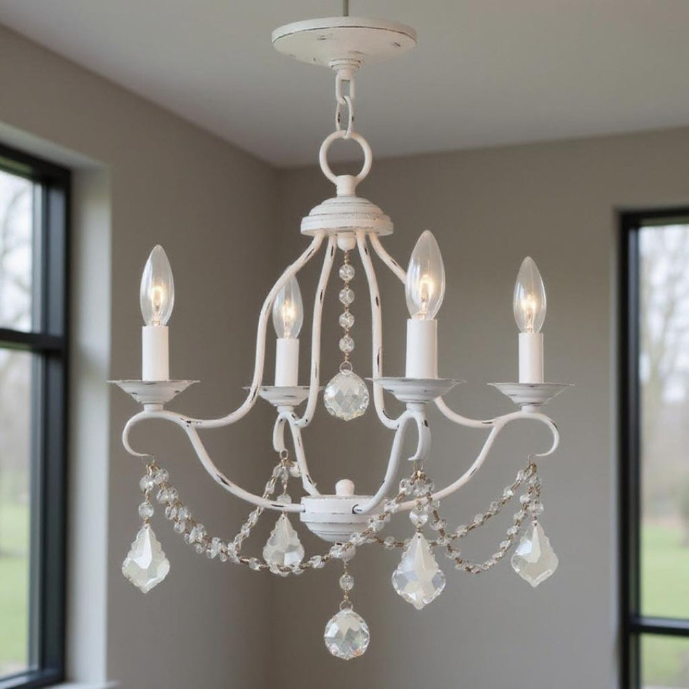 HomeRoots Antiqued White Four-Light Metal Chandelier – Dimmable, Stylish Illumination for Modern Spaces 687810
