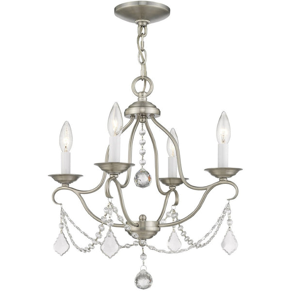 HomeRoots Nickel Four-Light Dimmable Chandelier – Stylish Metal Fixture with Cylinder Shades for Modern Spaces 687812