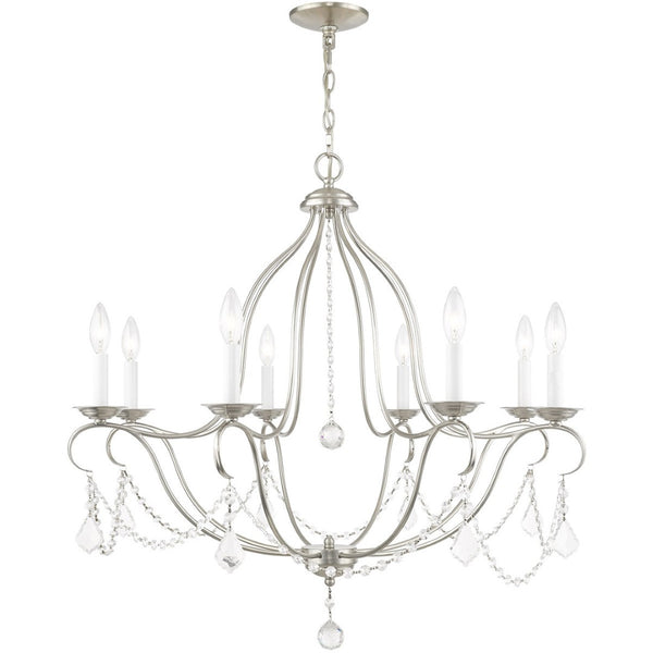 HomeRoots Nickel Elegant Eight-Light Dimmable Chandelier with Fabric Shades for Stylish Ambient Illumination 687820