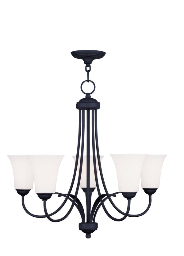 HomeRoots Black Five-Light Dimmable Chandelier with Cylindrical Shades - Modern Design for Versatile Spaces 687834