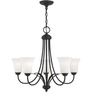 HomeRoots Black Five-Light Dimmable Chandelier with Cylindrical Shades - Modern Design for Versatile Spaces 687834