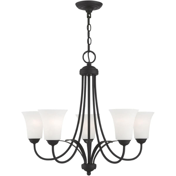 HomeRoots Black Five-Light Dimmable Chandelier with Cylindrical Shades - Modern Design for Versatile Spaces 687834