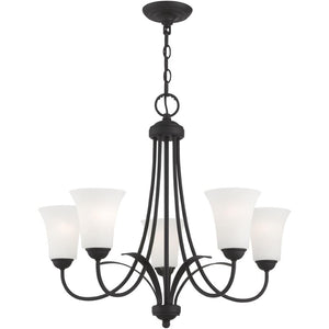 HomeRoots Black Five-Light Dimmable Chandelier with Cylindrical Shades - Modern Design for Versatile Spaces 687834