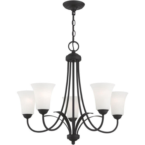 HomeRoots Black Five-Light Dimmable Chandelier with Cylindrical Shades - Modern Design for Versatile Spaces 687834