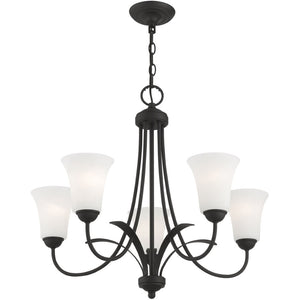 HomeRoots Black Five-Light Dimmable Chandelier with Cylindrical Shades - Modern Design for Versatile Spaces 687834